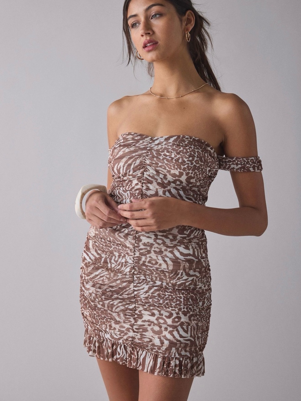 AFRM Brown and Cream Strapless Animal Print Mini Dress